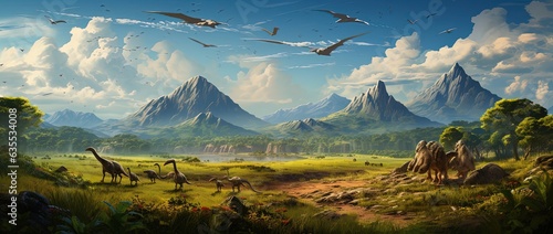 realistic dinasours with mountain background photo