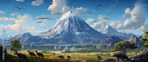 Fototapeta Naklejka Na Ścianę i Meble -  realistic dinasours with mountain background