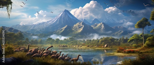 Fototapeta Naklejka Na Ścianę i Meble -  realistic dinasours with mountain background