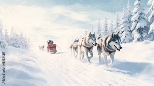 Sled dog Siberian husky is driving a sled through a winter snow-covered forest created with Generative AI technology © pvl0707