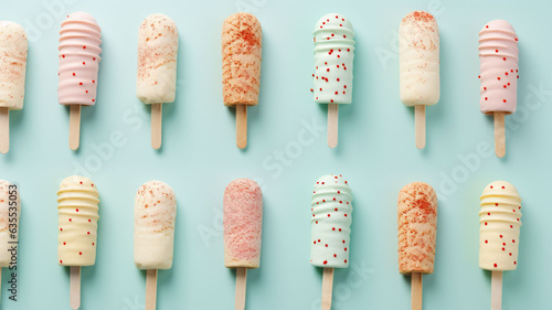 Celestial Ice Cream Dreams: A 3D Abstract Constellation of Colorful Ice Cream Popsicles with Sprinkles and Bonnies, Illuminating a Serene Blue Minimalist Universe