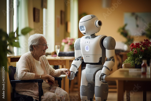 Generative AI image of caregiver robot using artificial intelligence standing holding hands of elderly woman sitting in a chair at care home center photo