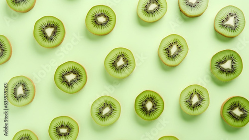 Whispering Kiwi Enchantment: A Mesmeric 3D Abstract Landscape Adorned with Fresh Kiwi Chunks, Slices, and Spirals on a Tranquil Green Minimalist Canvas