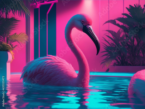 flamingo in the pool  in retro synthwave style