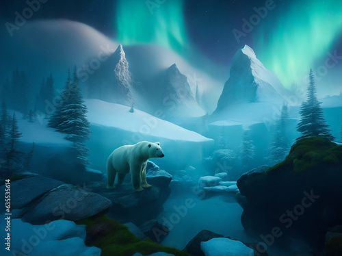 beautiful landscape with a polar bear on ice with Northern Lights © sebastianav1994
