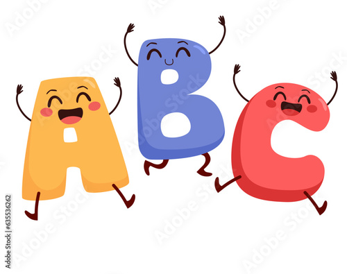 Vector illustration of letters a, b and c characters jumping celebrating back to school. Funny educational elements for children