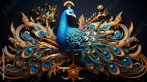 A peacock, featuring opulent golden accents and regal motifs, 3D style