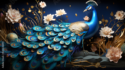 A peacock, featuring opulent golden accents and regal motifs, 3D style