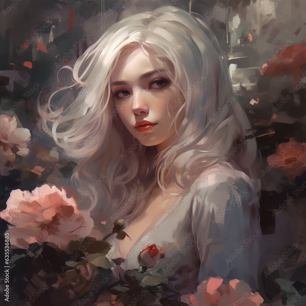 Ethereal Elegance: A Silver-Haired Maiden Amidst Roses. Generative AI