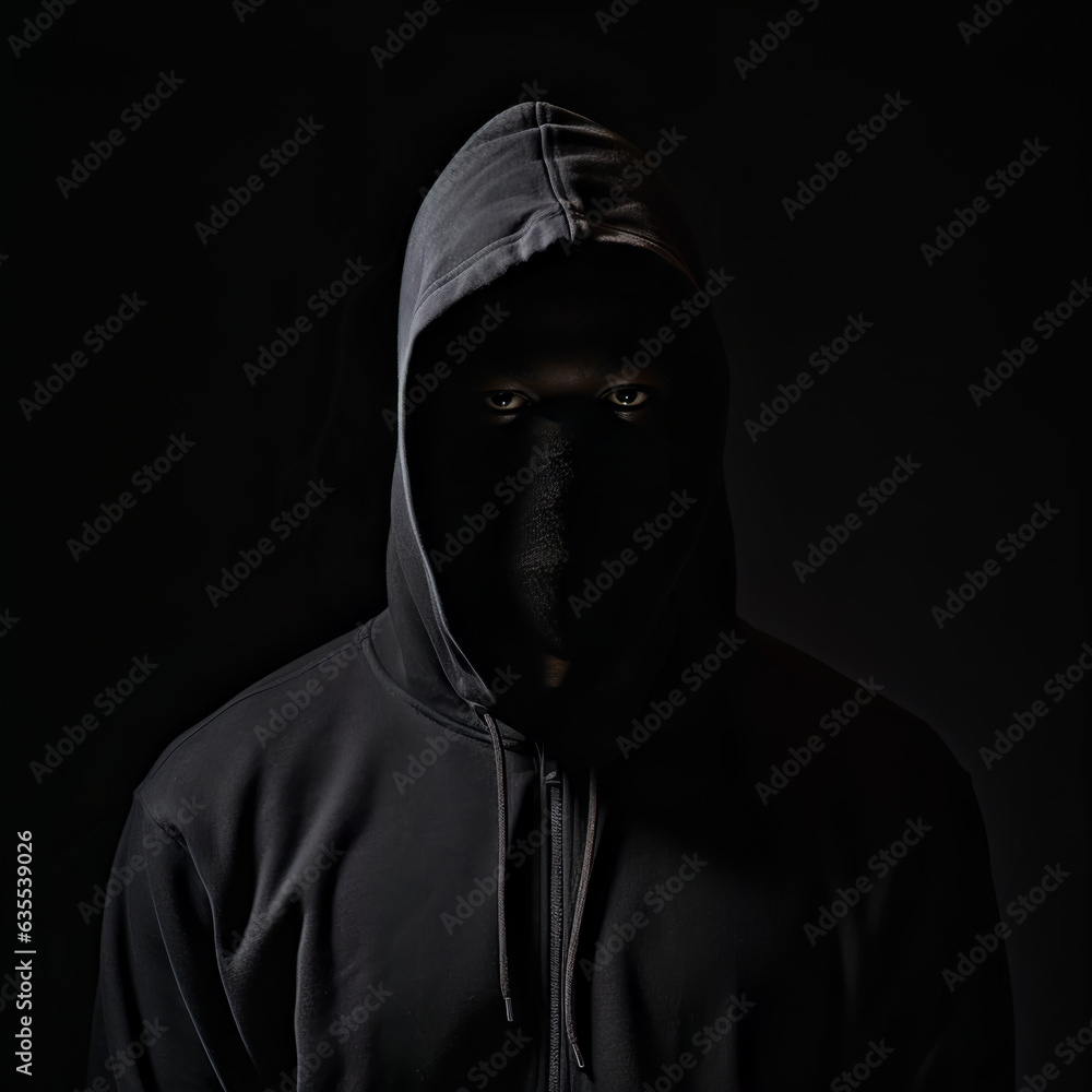 Ai-generated photo of a faceless black in a hoodie shot against a backdrop of darkness. The struggle against racial inequality, government violence to criminalise him, echoes the spirit of protests