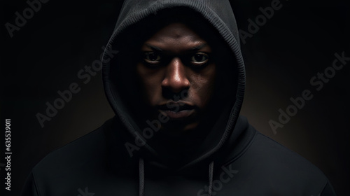 Ai-generated photo of a faceless black in a hoodie shot against a backdrop of darkness. The struggle against racial inequality, government violence to criminalise him, echoes the spirit of protests 