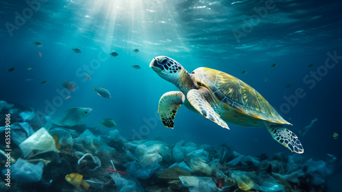 Sea turtle swimming the ocean surrounded by floating garbage and plastic bags. Concept of ocean pollution and the global environmental disaster. Shallow field of view. 