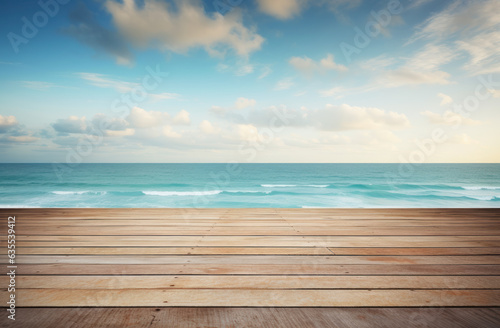 an old wooden deck on the beach with the ocean looking out
