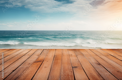 an old wooden deck on the beach with the ocean looking out