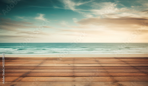 an old wooden deck on the beach with the ocean looking out © Vodkaz