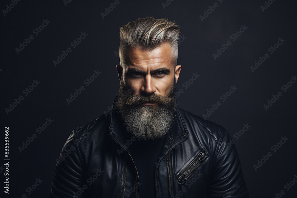 Generative ai image collage of brutal man guy rock musician look in camera on black color background Generative ai image collage of brutal man guy rock musician look in camera on black color background