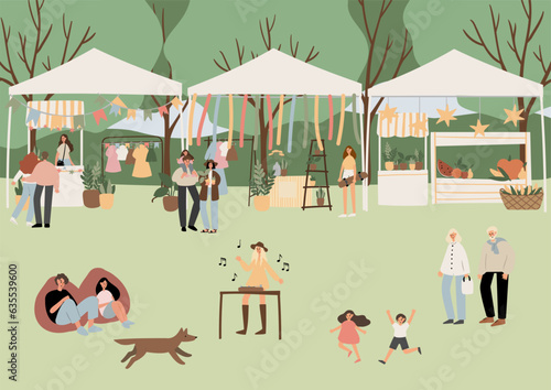summer market poster illustration clipart, people walking at fair vector printable card, festival wall art print, party in park clip art, digital download images in flat cartoon style.