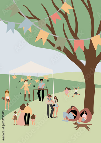 summer market poster illustration clipart  people walking at fair vector printable card  festival wall art print  party in park clip art  digital download images in flat cartoon style.