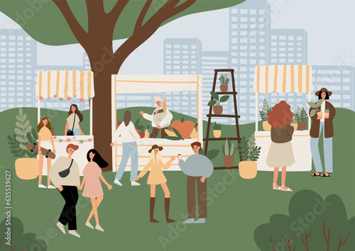 summer market poster illustration clipart, people walking at fair vector printable card, festival wall art print, party in park clip art, digital download images in flat cartoon style.