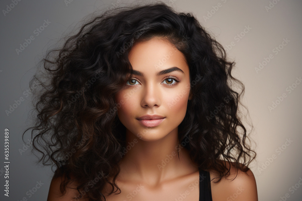 Generative IA picture portrait of young mixed race girl natural beauty stunning curls over light pastel color background Generative IA picture portrait of young mixed race girl natural beauty stunning curls over light pastel color background