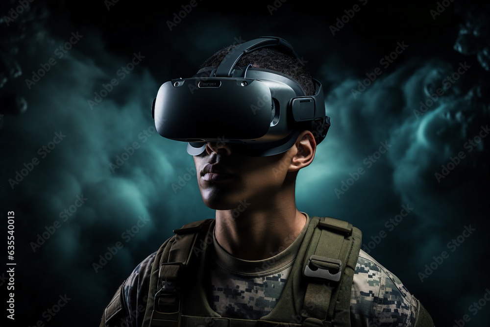 Generative ai collage photo of gamer soldier using device gadget for virtual reality simulation Generative ai collage photo of gamer soldier using device gadget for virtual reality simulation