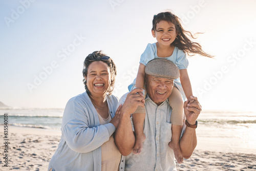 Happy, beach and portrait of girl with her grandparents on a tropical family vacation or adventure. Smile, sunset and kid bonding with her grandmother and grandfather by the ocean on holiday together