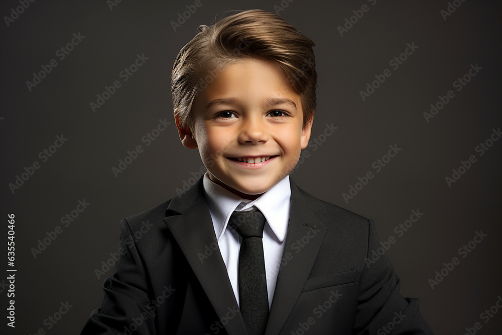 Picture made with generative ai cute business baby boy in suit working in office joyfully smiling Picture made with generative ai cute business baby boy in suit working in office joyfully smiling