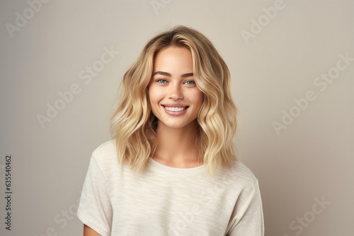 Generative AI illustration collage charming blonde woman smiling white teeth good mood isolated pastel color wall background