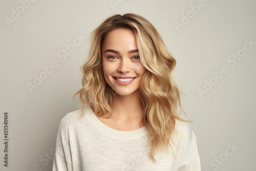 Generative AI portrait attractive young blonde hair girl smiling beauty concept isolated pastel color wall background