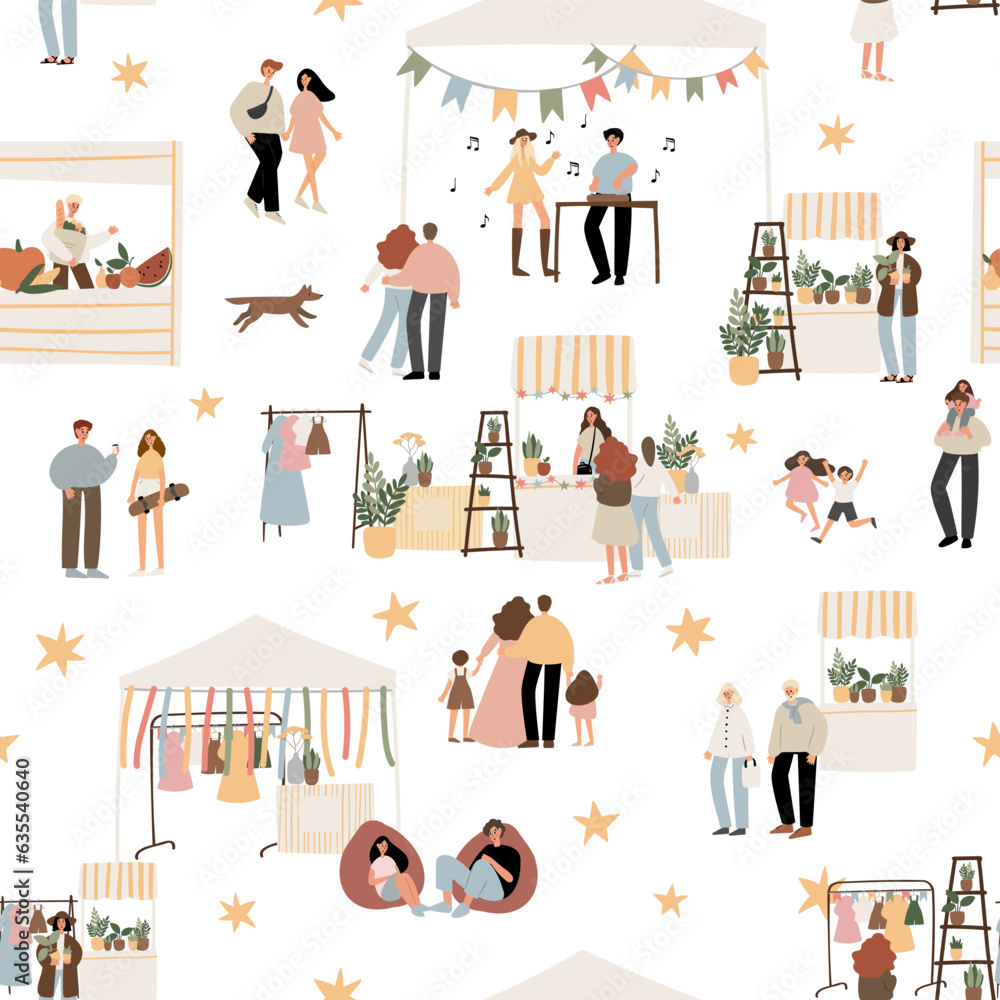 Φωτογραφία summer market seamless pattern, people walking at fair digital paper, festival in park scrapbook paper, party background, holiday vector illustration clipart, images in flat cartoon style
