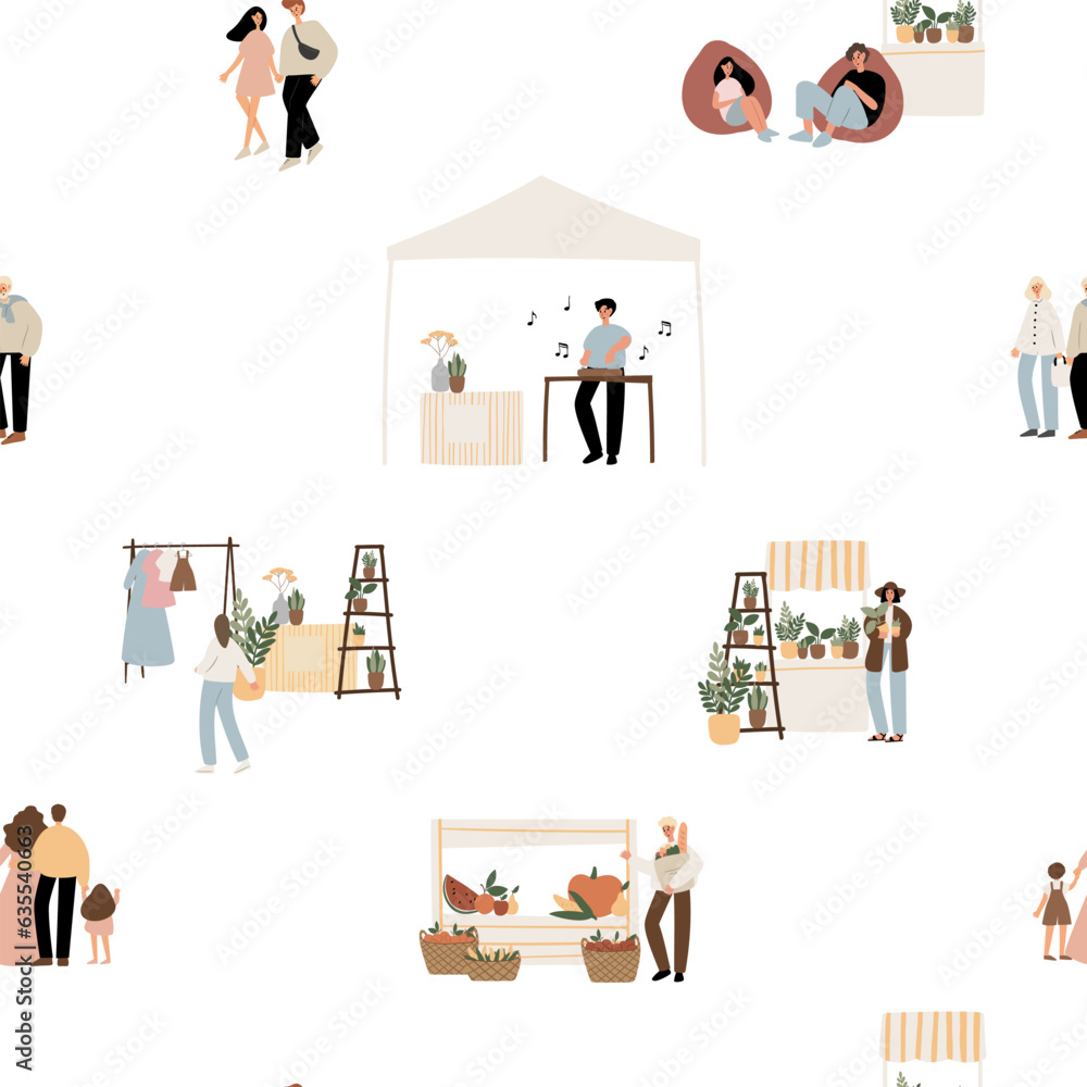 Φωτογραφία summer market seamless pattern, people walking at fair digital paper, festival in park scrapbook paper, party background, holiday vector illustration clipart, images in flat cartoon style