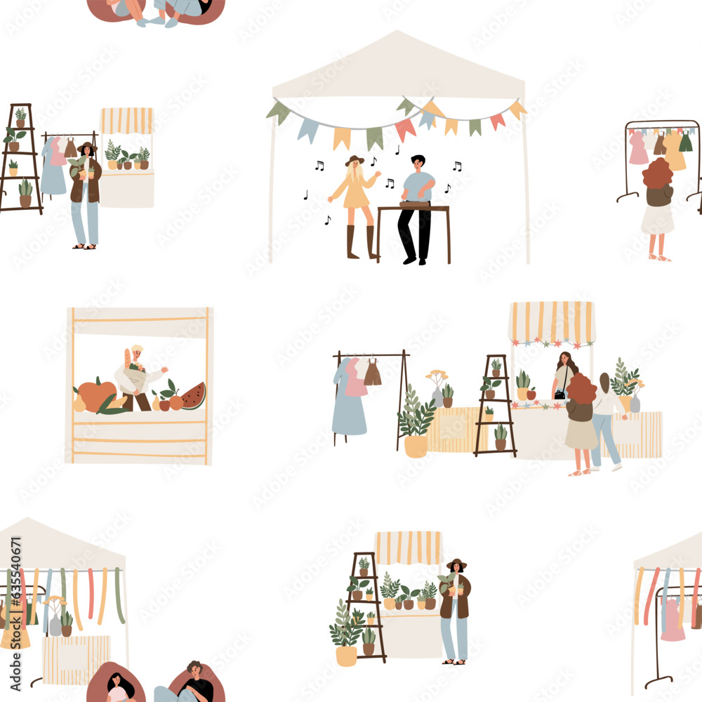 Φωτογραφία summer market seamless pattern, people walking at fair digital paper, festival in park scrapbook paper, party background, holiday vector illustration clipart, images in flat cartoon style
