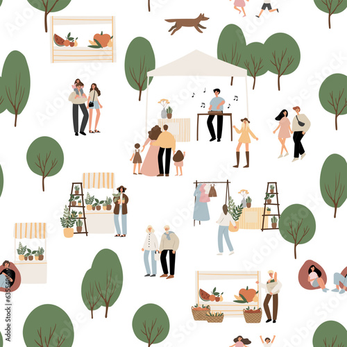 summer market seamless pattern, people walking at fair digital paper, festival in park scrapbook paper, party background, holiday vector illustration clipart, images in flat cartoon style.