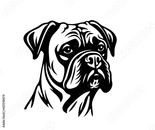 Vector isolated one single Rottweiler Bullmastiff Boxer dog head front view black and white bw two colors silhouette. Template for laser engraving or stencil