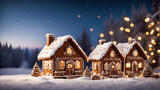 Homemade gingerbread cottages with tasty cocoa in Christmas winter evening, generative ai