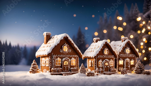 Homemade gingerbread cottages with tasty cocoa in Christmas winter evening, generative ai