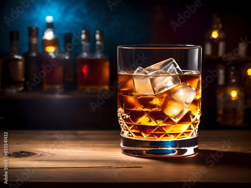 Ice-cold whiskey cocktail glows on wooden table, that can be surface of barrel. Moody atmosphere. Generative AI