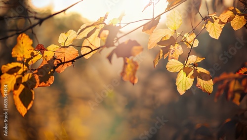 Autumn Background with Colorful Orange Leaves and Branches, Falling to the Ground, Template with Space for Copy