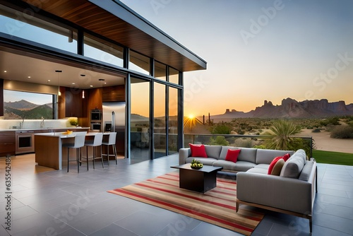A charming Arizona home with a front yard that boasts large, beautiful windows, allowing ample natural light to flood the interior, the windows offer views of the picturesque desert landscape.