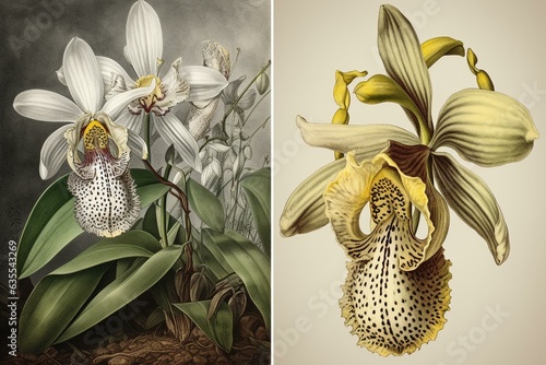 Vintage illustration of orchids - left: paphiopedilum venustum, right: cattleya skinneri. Generative AI