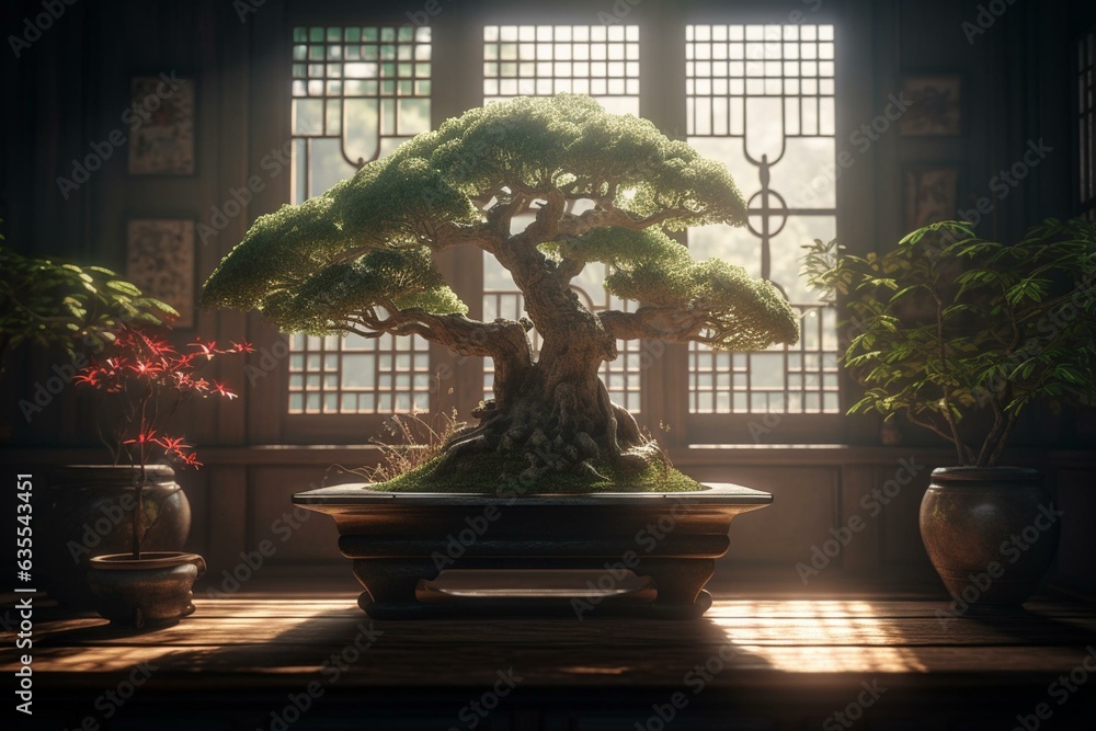 3D rendered zen bonsai on stand with sunlight and Chinese window frame. Generative AI