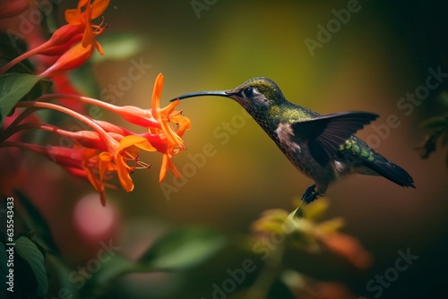 A vibrant hummingbird sipping nectar from a honeysuckle flower. Generative AI photo