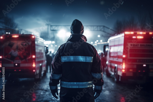 A paramedic with their back turned, surrounded by ambulances, responds to an emergency at night.