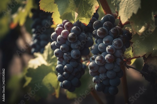 Close-up of almost mature sangiovese grapes in Tuscan vineyard  Italy. Generative AI