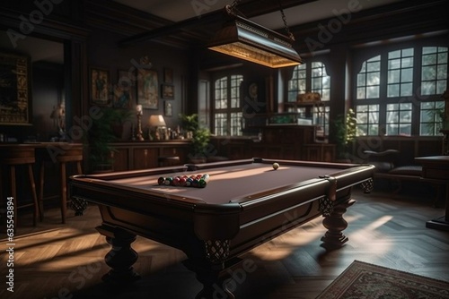 Stunning game room featuring a beautiful pool table. Generative AI