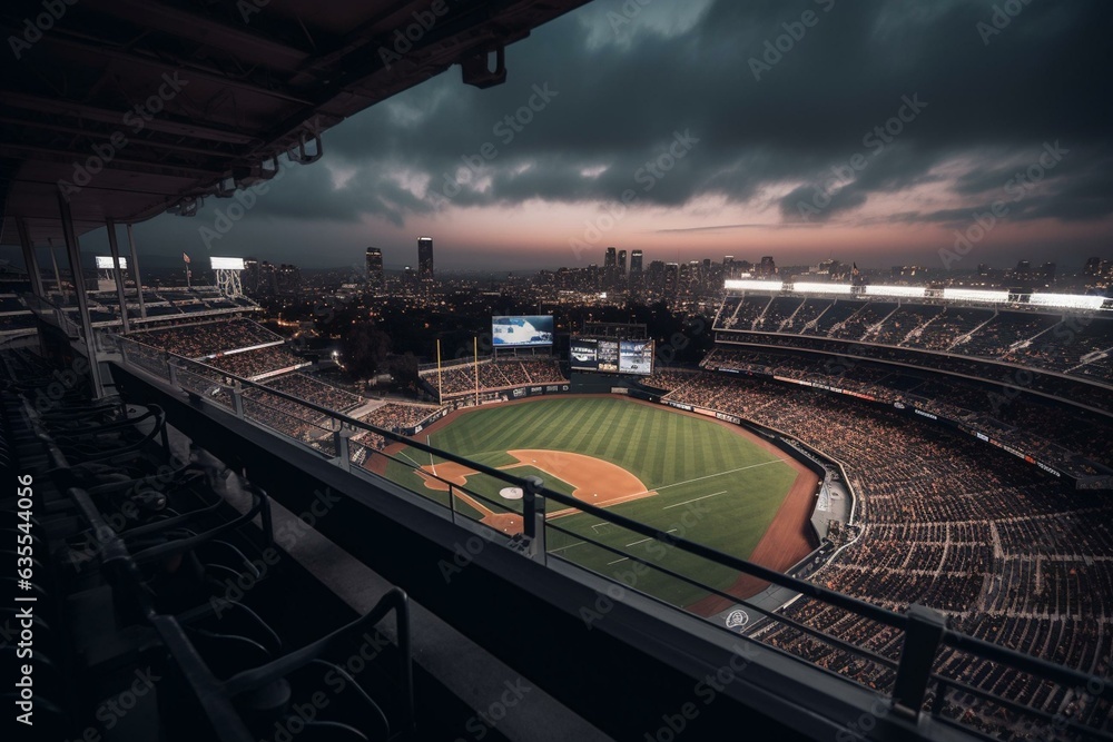Nightfall view of a baseball stadium from the grandstand, capturing a fan's perspective. Generative AI