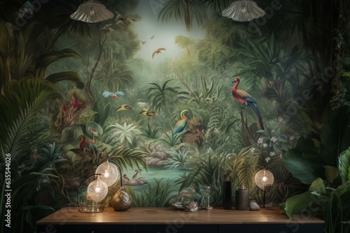 Retro rainforest wallcovering featuring flamingos, exotic fowls, and peafowl sketch. Generative AI