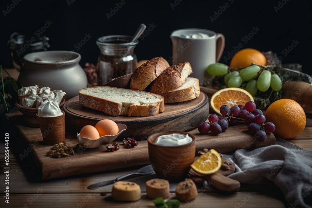 Nourishing breakfast featuring sliced homemade bread on wooden board. Generative AI