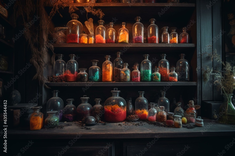 Spooky witch's cabinet filled with Halloween potions. Generative AI