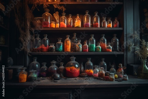 Spooky witch's cabinet filled with Halloween potions. Generative AI